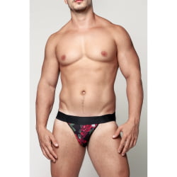 JOCKSTRAP PRETA TULE COM FLORES VERMELHAS COM FORRO